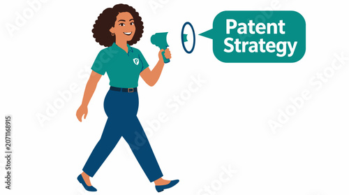 Woman holding megaphone with patent strategy text.