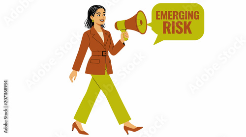 Businesswoman holding megaphone with emerging risk text.