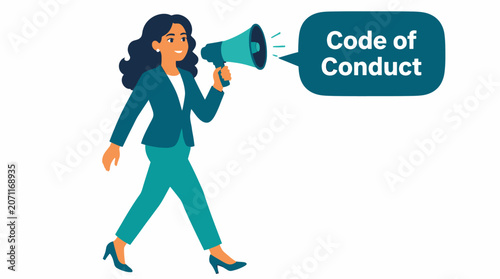 Businesswoman announcing code of conduct with megaphone.