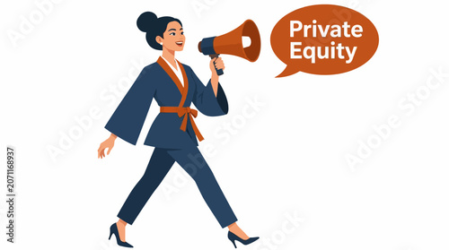 Businesswoman using megaphone for private equity announcement.
