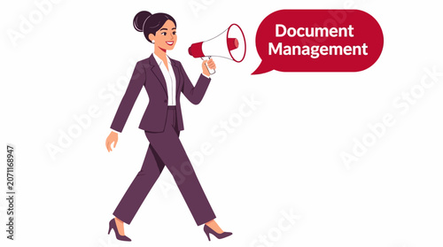 Businesswoman holding megaphone for document management concept.
