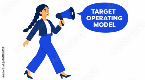 Woman holding megaphone with target operating model text.