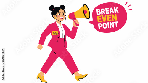 Confident woman in pink suit holding megaphone.