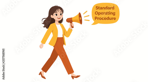 Woman holding megaphone with announcement text bubble.