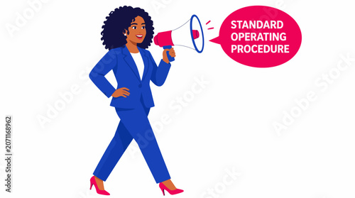 Confident businesswoman using megaphone for announcement.