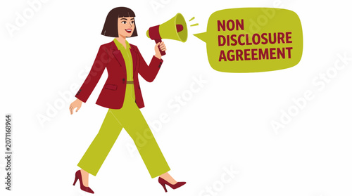 Woman in red blazer holding megaphone with text bubble.