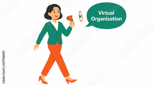 Businesswoman holding megaphone for virtual organization.