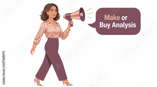 Woman holding megaphone for make or buy analysis concept.