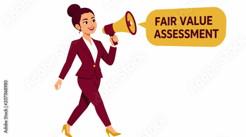 Businesswoman announcing fair value assessment with megaphone.