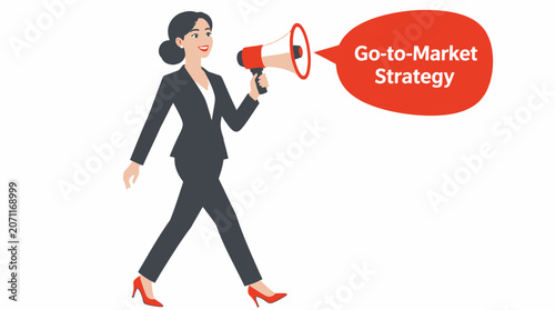 Businesswoman with megaphone announcing go to market strategy.