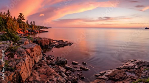 Panoramic view of serene sunset over rocky coastline on Lake Superior with distant cargo ship navigating calm water