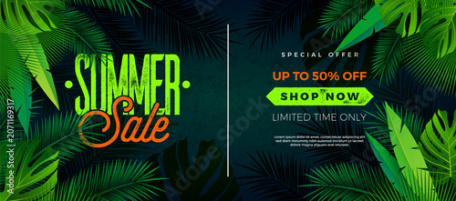 Vibrant summer sale advertisement featuring tropical leaf patterns and discount offer text