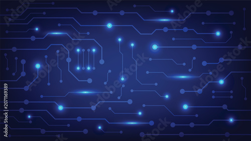 Modern futuristic electronic circuit board design with glowing blue connections and nodes