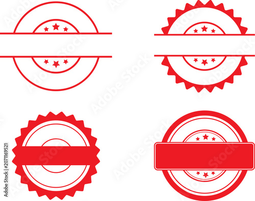 Set of four stylish red badge seals with star accents and different shapes isolated on transparent background