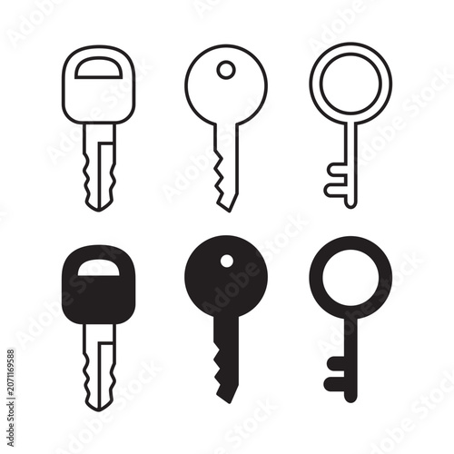 Set of six different style keys illustrated in simple line art and filled black versions isolated on transparent background