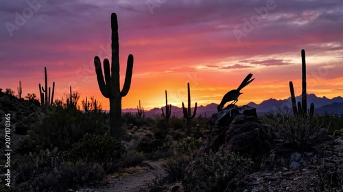 Roadrunner bird sits on rock in Arizona desert with saguaro cacti silhouetted against vibrant colorful sunset sky.