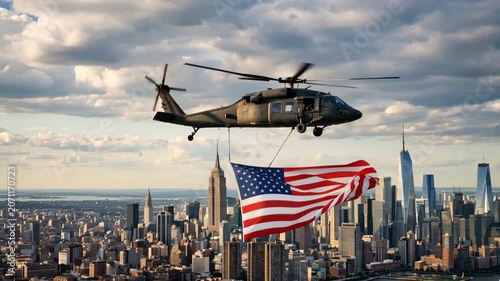 Military helicopter proudly carries large American flag over iconic New York City skyline on patriotic national holiday.