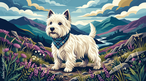 Scenic Rocky Mountain Landscape with Playful West Highland White Terrier