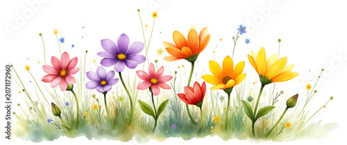 Colorful spring wildflowers blooming in green grass on white background.