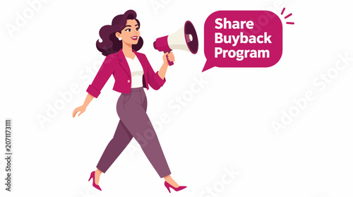 Businesswoman announcing share buyback program with megaphone.