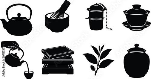 Fotografía Set of traditional tea ceremony brewing equipment silhouette icons featuring tea