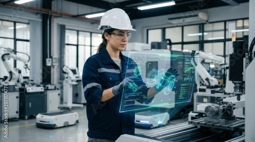 Industrial Engineer Interacting with Augmented Reality in Factory