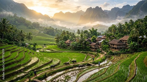 Serene Rice Terraces at Sunrise in a Lush Mountain Landscape