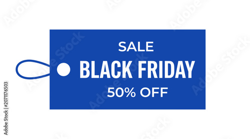 Blue Black Friday sale tag with 50 percent discount.