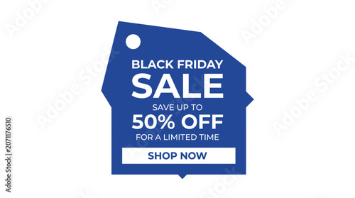 Blue Black Friday sale tag with 50 percent discount.