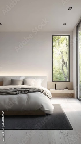 A serene bedroom features a bed and nightstand. Soft sunlight fills the room, emphasizing the minimalist decor and inviting atmosphere, perfect for relaxation.