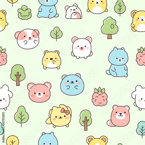 Cute Kawaii Bear and Hamster Seamless Pattern in Pastel Colors