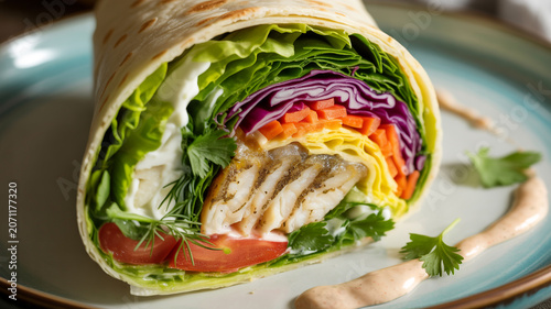 Savory fish wrap with shredded carrots, cabbage, and fresh herbs