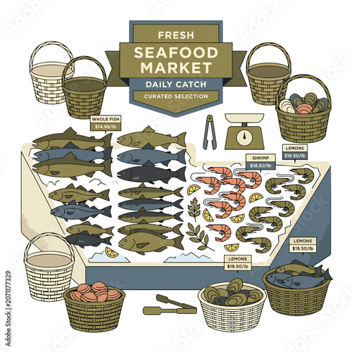 Canvastavla Fresh seafood market daily catch display.