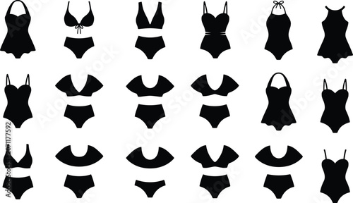 Foto Swimwear vector icon set featuring female swimsuits bikinis and beachwear silhou