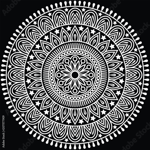 A beautifully detailed decorative mandala design created with intricate floral and geometric elements arranged in a perfectly balanced circular composition.
