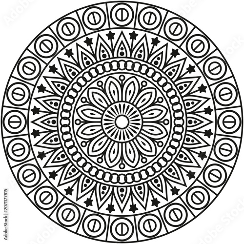 A beautifully detailed decorative mandala design created with intricate floral and geometric elements arranged in a perfectly balanced circular composition.
