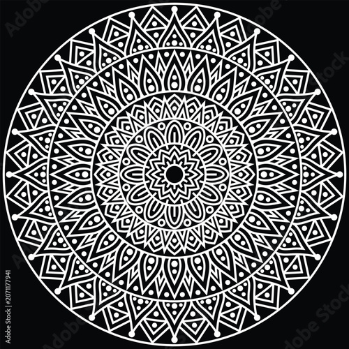 A beautifully detailed decorative mandala design created with intricate floral and geometric elements arranged in a perfectly balanced circular composition.
