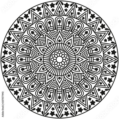A beautifully detailed decorative mandala design created with intricate floral and geometric elements arranged in a perfectly balanced circular composition.
