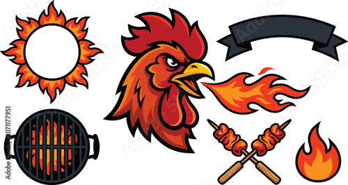 Hot Spicy Chicken Mascot Logo Vector Set with Fire Breathing Rooster Head BBQ Grill Skewers Flame and Blank Ribbon Label