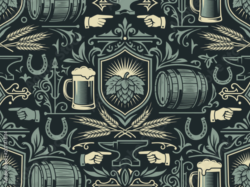 Vintage Brewing and Artisan Craft Seamless Pattern with Beer, Hops, and Anvil