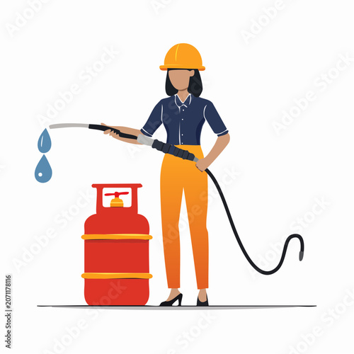 Woman worker with gas cylinder and hose