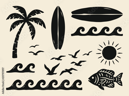 Vintage Linocut Surf and Beach Element Set with Palm Tree, Surfboard, Waves, and Sun Silhouette Illustration