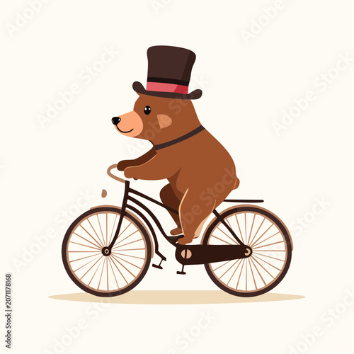 Brown bear wearing a top hat rides a bicycle