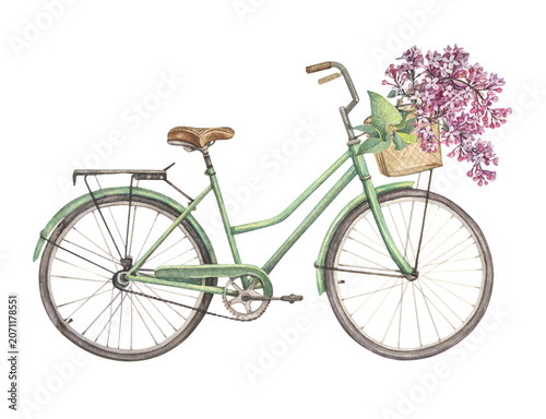 Photos Watercolor hand-drawn green and brown retro bicycle and lilac bouquet isolated on white background