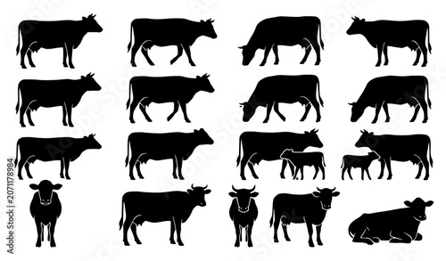 Fotografía Set of dairy cow silhouettes isolated on a white background, Cow Vector illustration collection