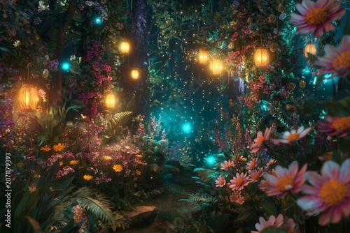 Enchanted Summer Solstice garden glowing with lanterns, fireflies, and wildflowers at twilight