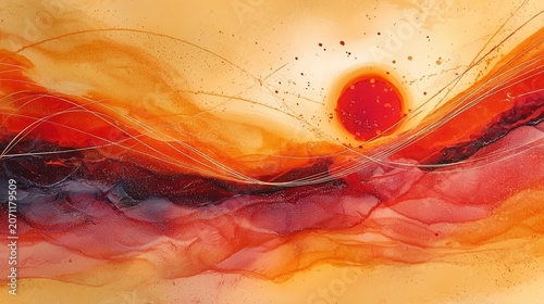 Abstract summer solstice sunset with fiery sun, flowing red dunes, and warm golden watercolor sky