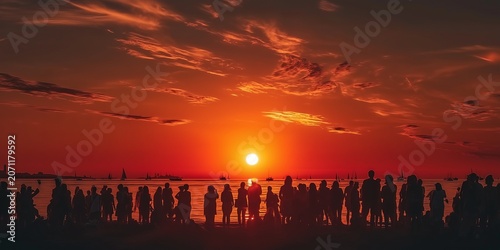 Summer Solstice Sunset Silhouettes Gathered Along the Shore Beneath a Fiery Orange Evening Sky