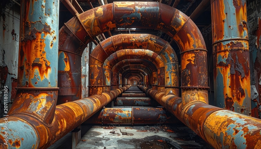 Fototapeta premium Corroded industrial pipes form repeating arches in an abandoned structure