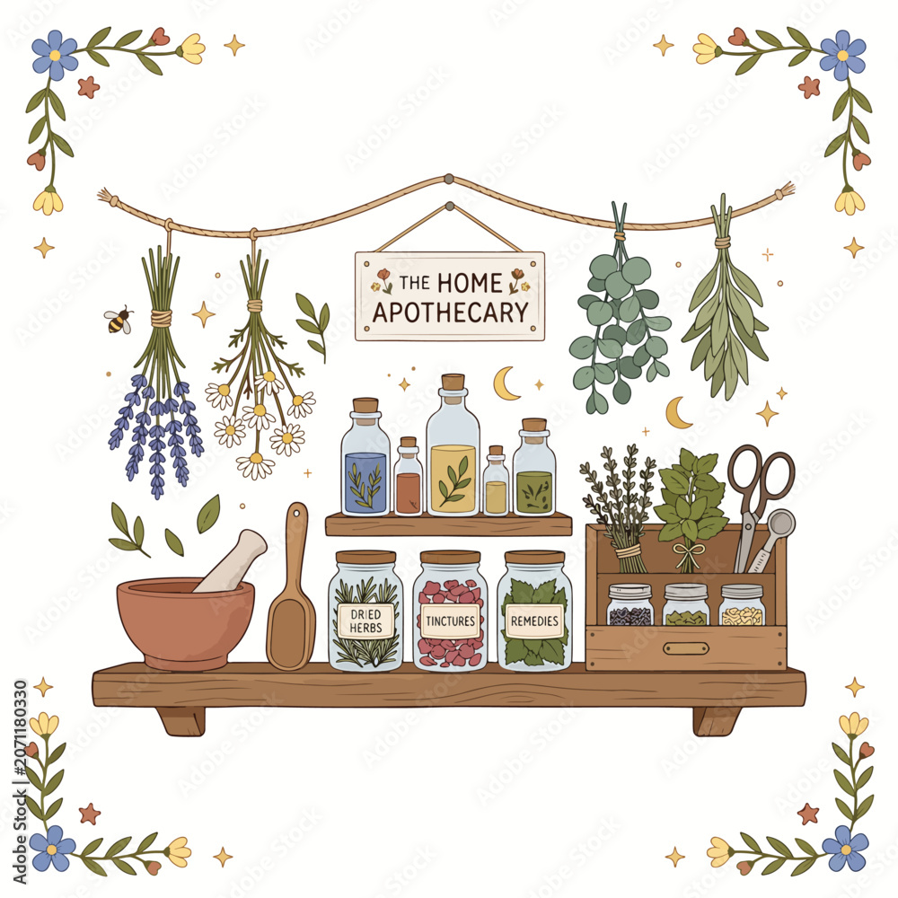 Obraz premium Herbal medicine apothecary shelf setup.